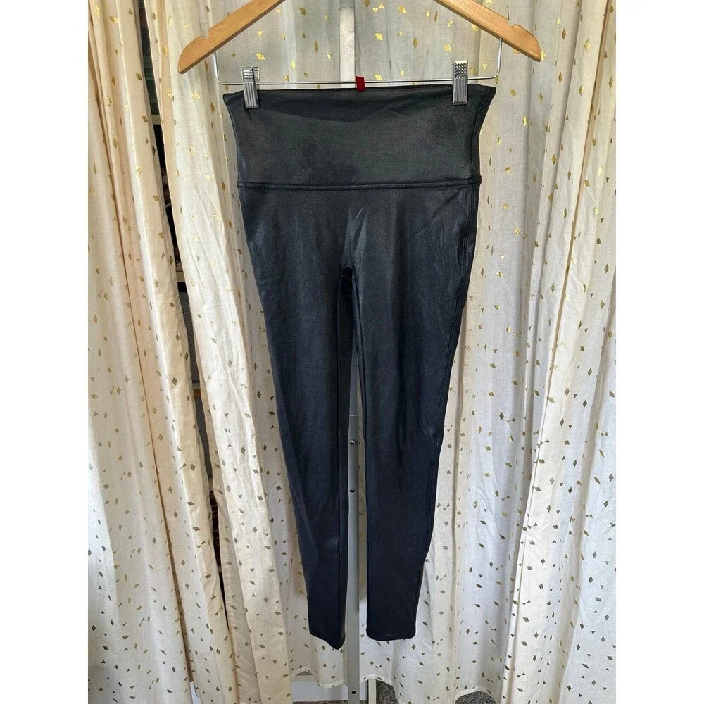 Spanx Women's Shiny Black Faux Patent Leather Core Medium Compression Leggings M